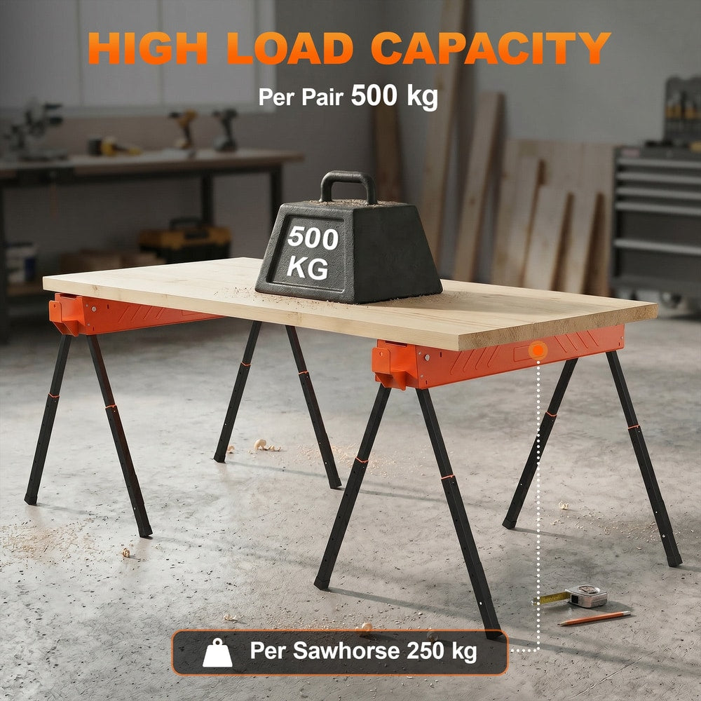 HOMCOM Saw Horses Twin Pack, Folding Work Bench Sawhorses with Height Adjustable Legs, 2x4 Bracket, Orange - product image 4