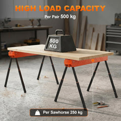 HOMCOM Saw Horses Twin Pack, Folding Work Bench Sawhorses with Height Adjustable Legs, 2x4 Bracket, Orange - product image 4