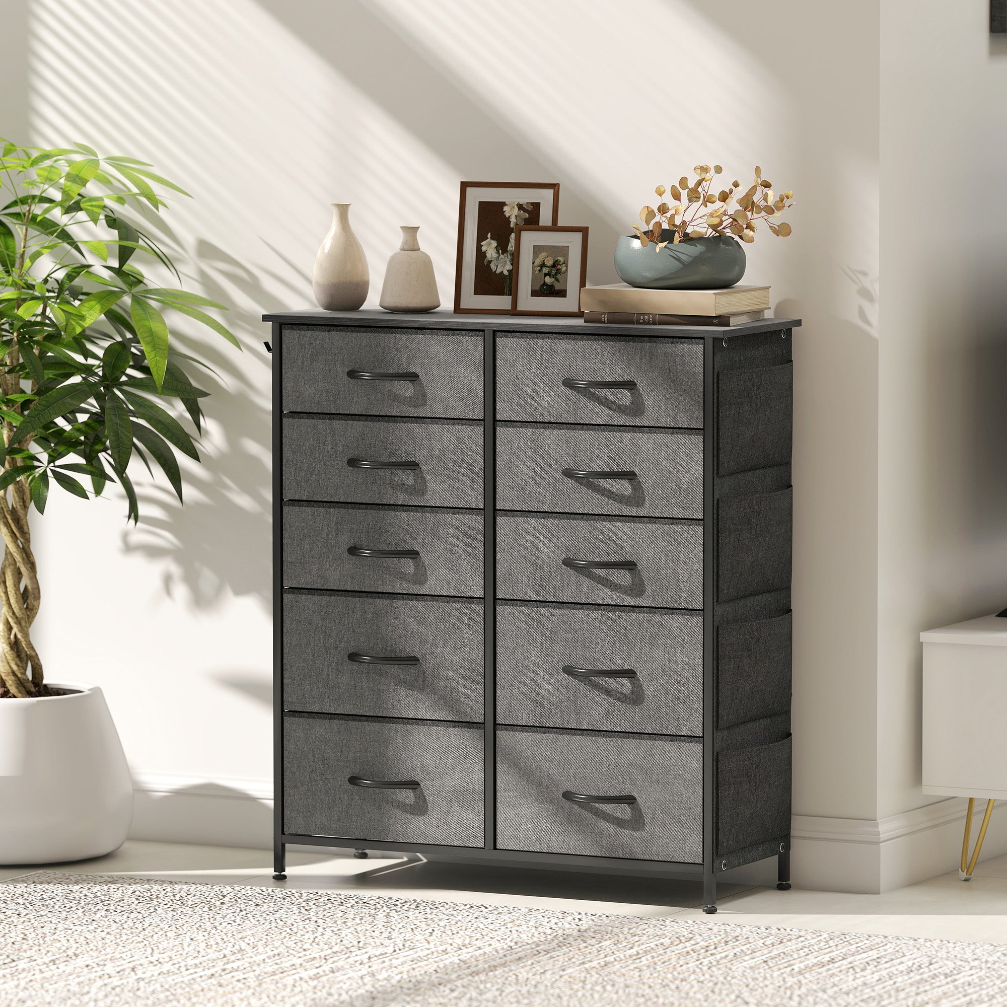HOMCOM Chest of Ten Fabric Drawers - Charcoal Grey