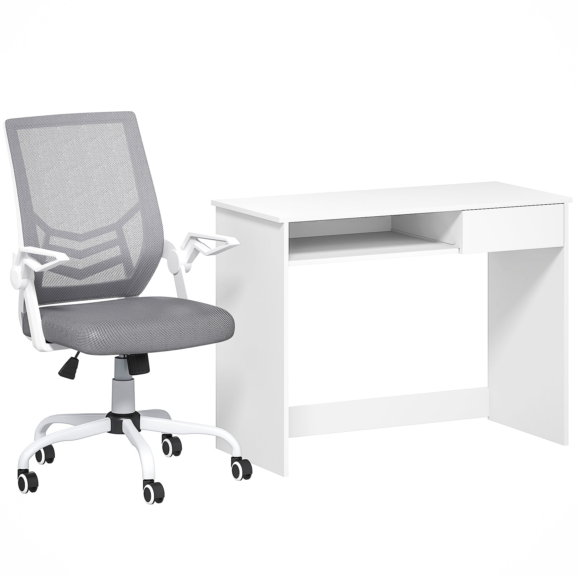 Vinsetto Home Office Chair and Computer Desk Set, Mesh Chair with with 90√Ç¬∞ Flip-up Armrest, Study Desk with Keyboard Tray and Drawer, White and Grey