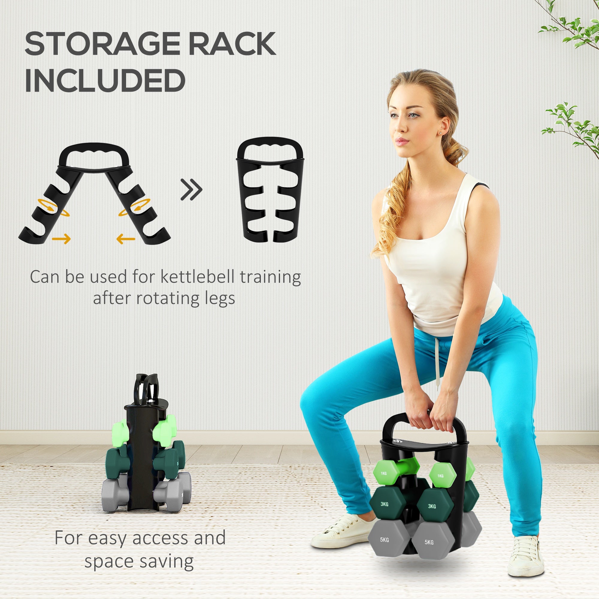 SPORTNOW Dumbbells Set with Storage Rack, 2 x 1kg, 2 x 3kg, 2 x 5kg, Green