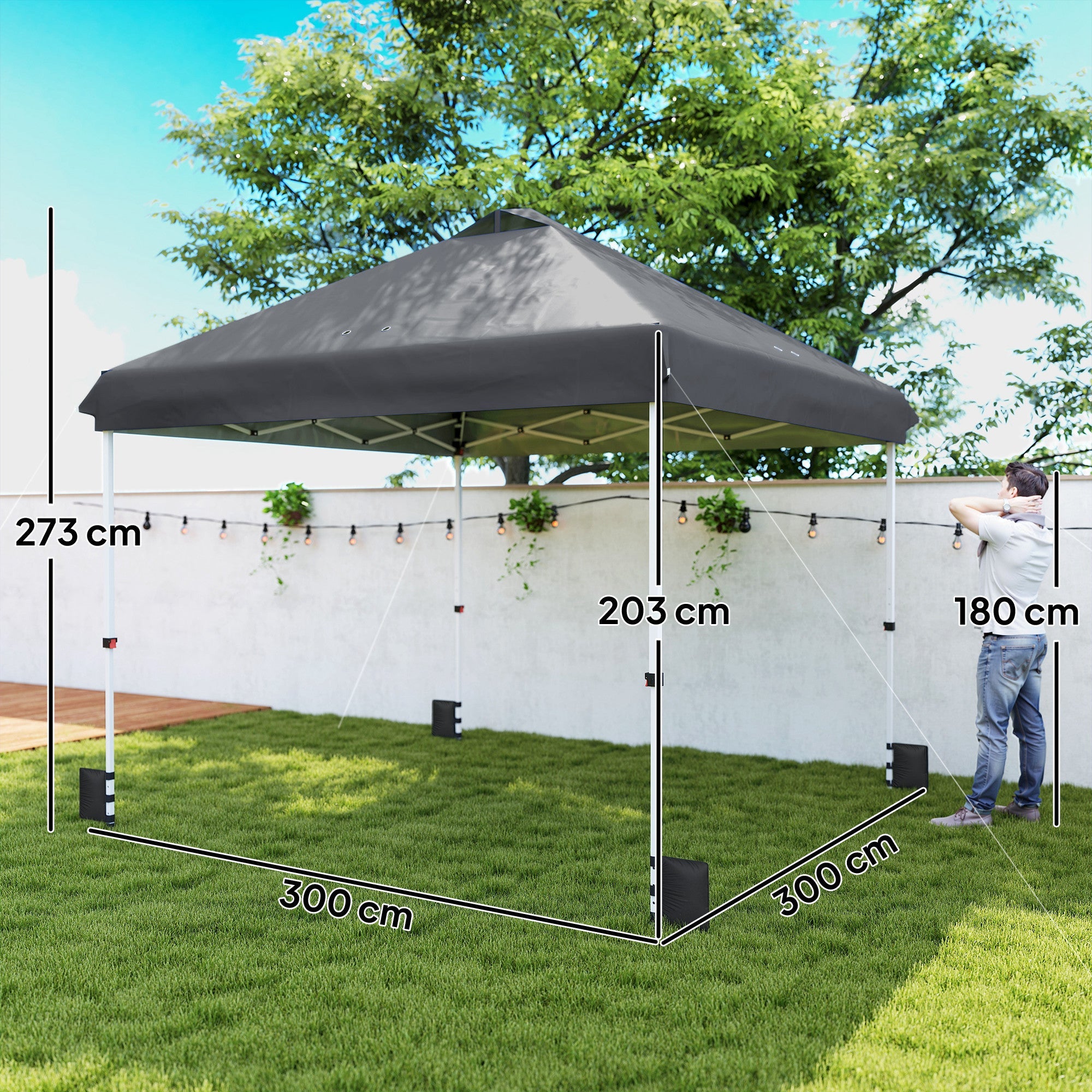 Outsunny 3 x 3 m Pop Up Gazebo with Wheels, UPF50+ One-Touch Outdoor Garden Party Tent Marquee Wedding Awning Canopy, Dark Grey