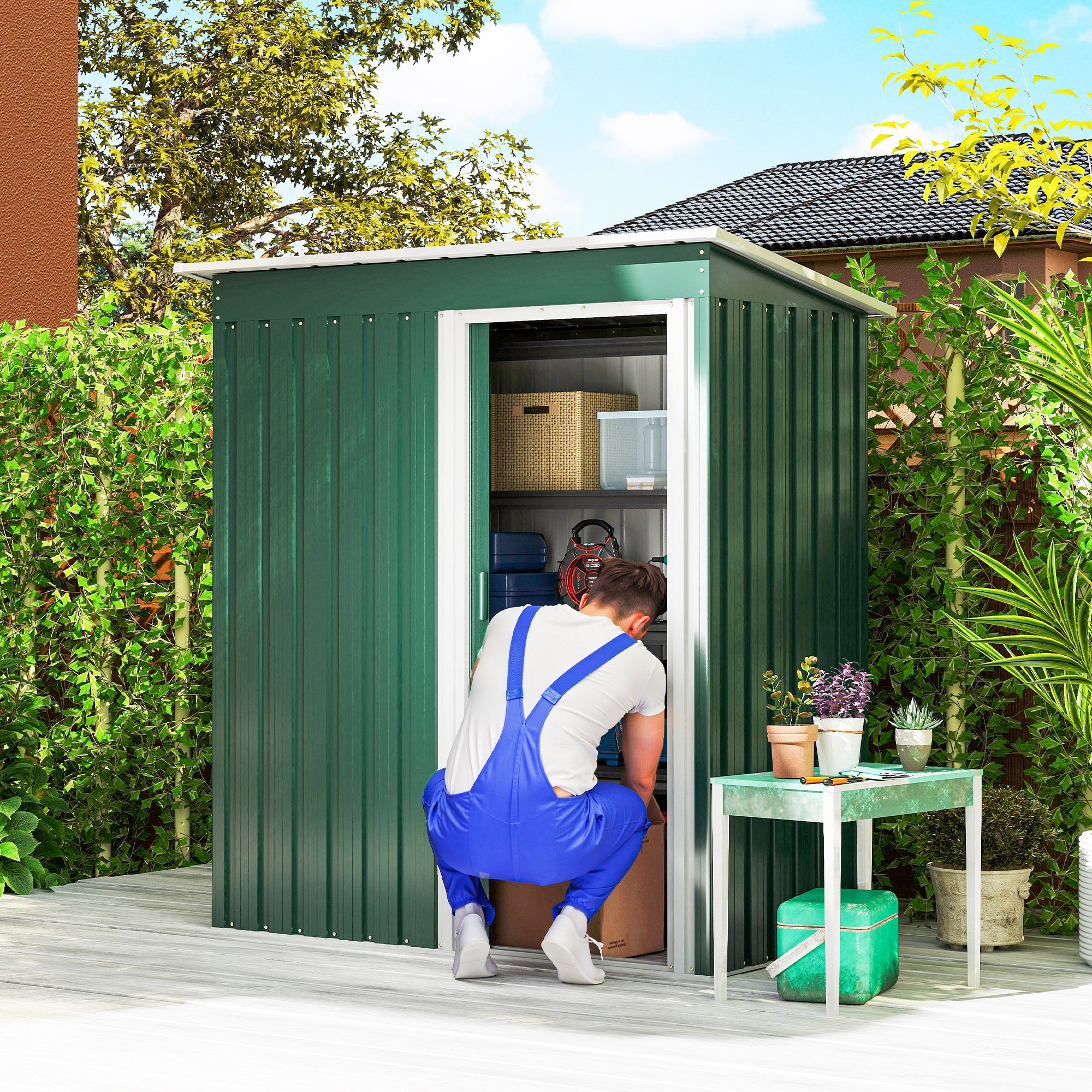 Outsunny 5 x 3ft Garden Storage Shed with Sliding Door and Sloped Roof Outdoor Equipment Tool, Green