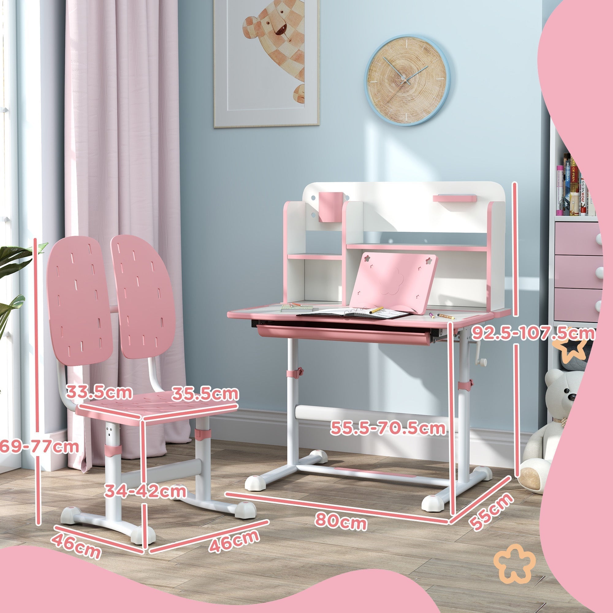 AIYAPLAY Height Adjustable Kids Desk and Chair Set, Children School Study Desk with Tiltable Desktop, Reading Rack, Pink