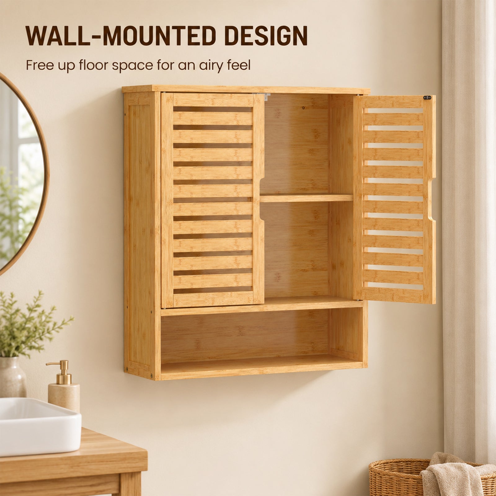 HOMCOM Bathroom Wall Cabinet, Wall Mounted Bathroom Cabinet with 2 Louvered Doors, Open Shelf and Adjustable Shelf Storage