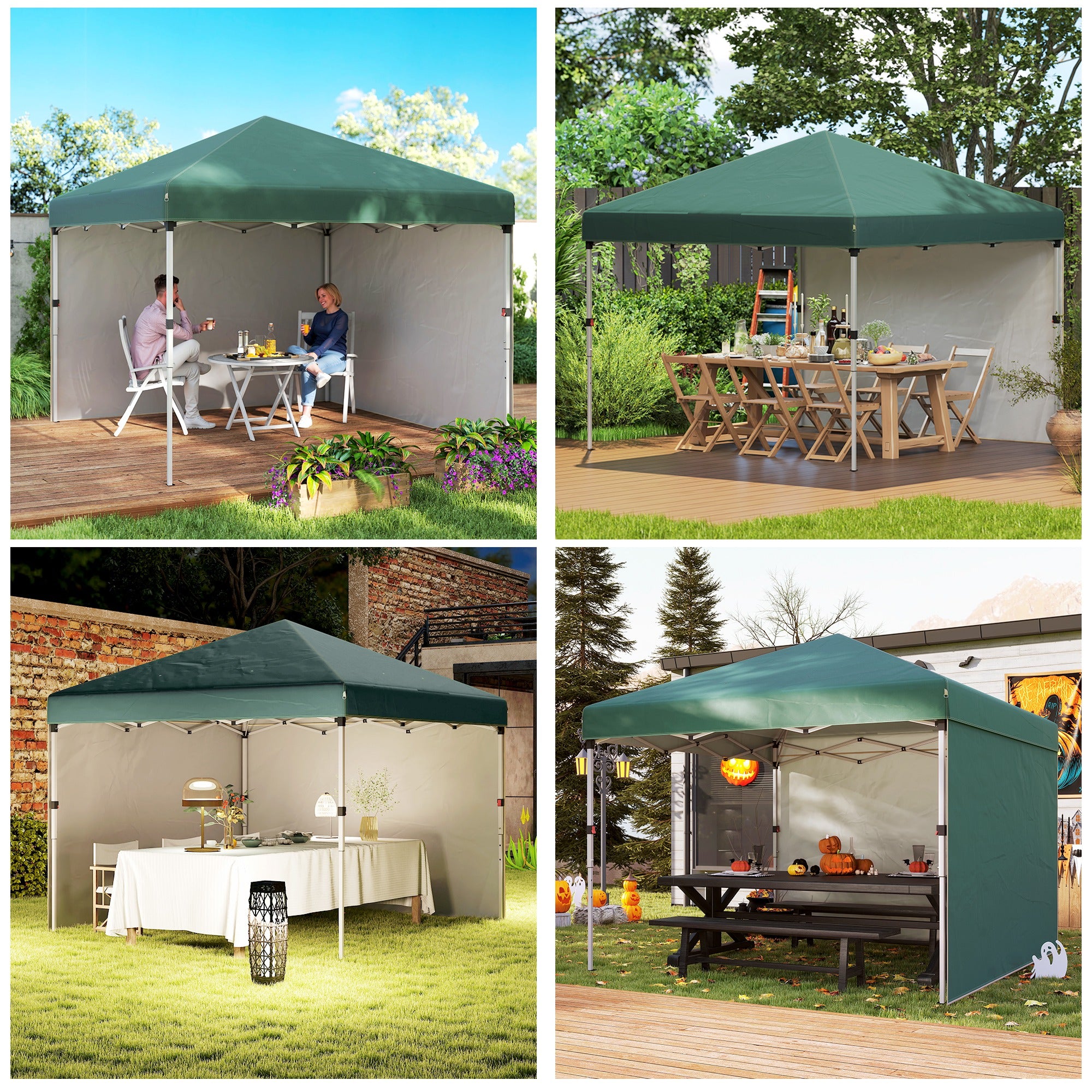 Outsunny 3 x 3 (M) Pop Up Gazebo, UPF 30+ with 2 Sidewalls, Leg Weight Bags and Wheeled Bag, Height Adjustable Party Tent Event Shelter for Garden, Patio, Green