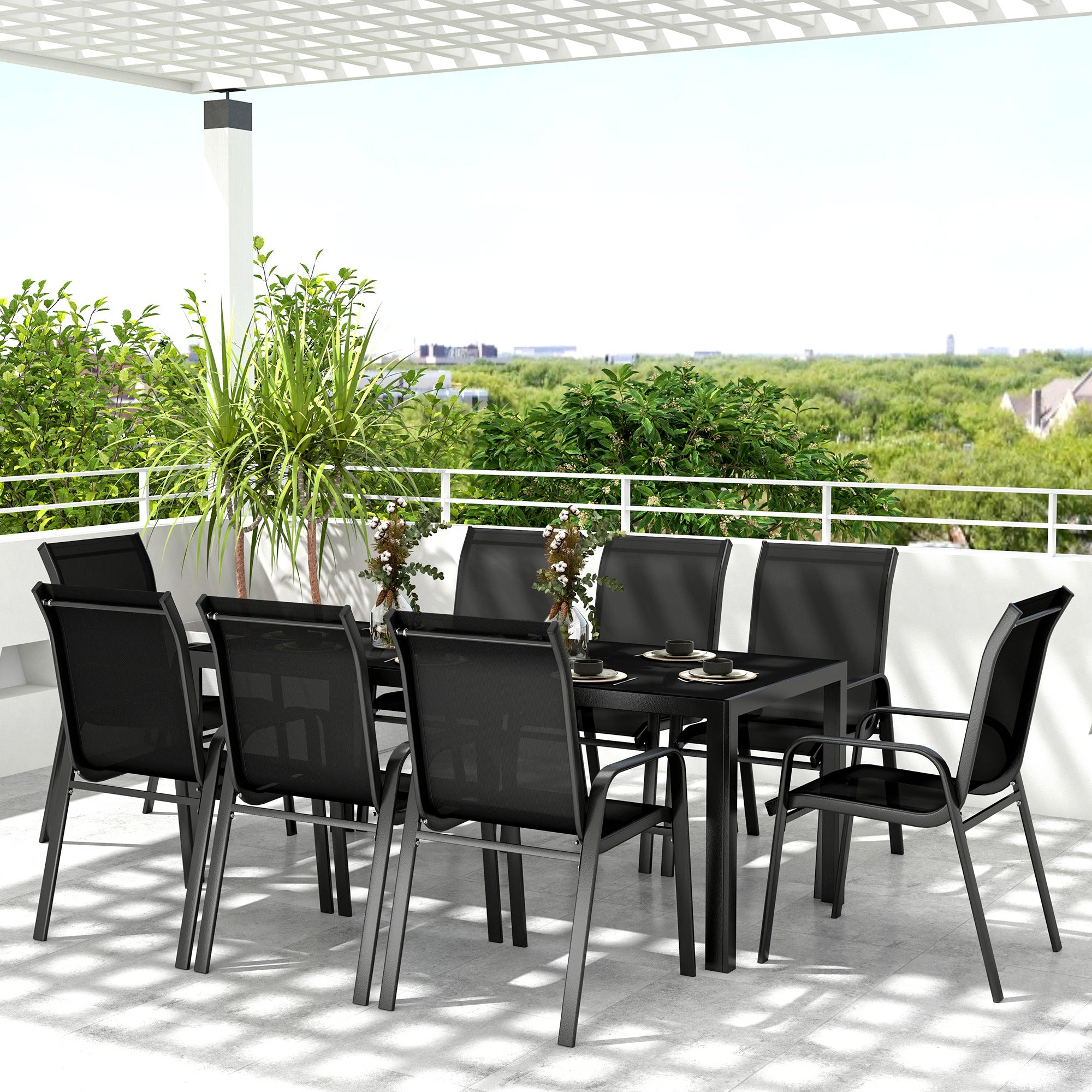 Outsunny 8 Seater Garden Dining Set with Stacking Chairs, Rectangular Tempered Glass Top, Garden Furniture Set, Outdoor Dining Table and Chairs for Patio, Balcony, Poolside, Black