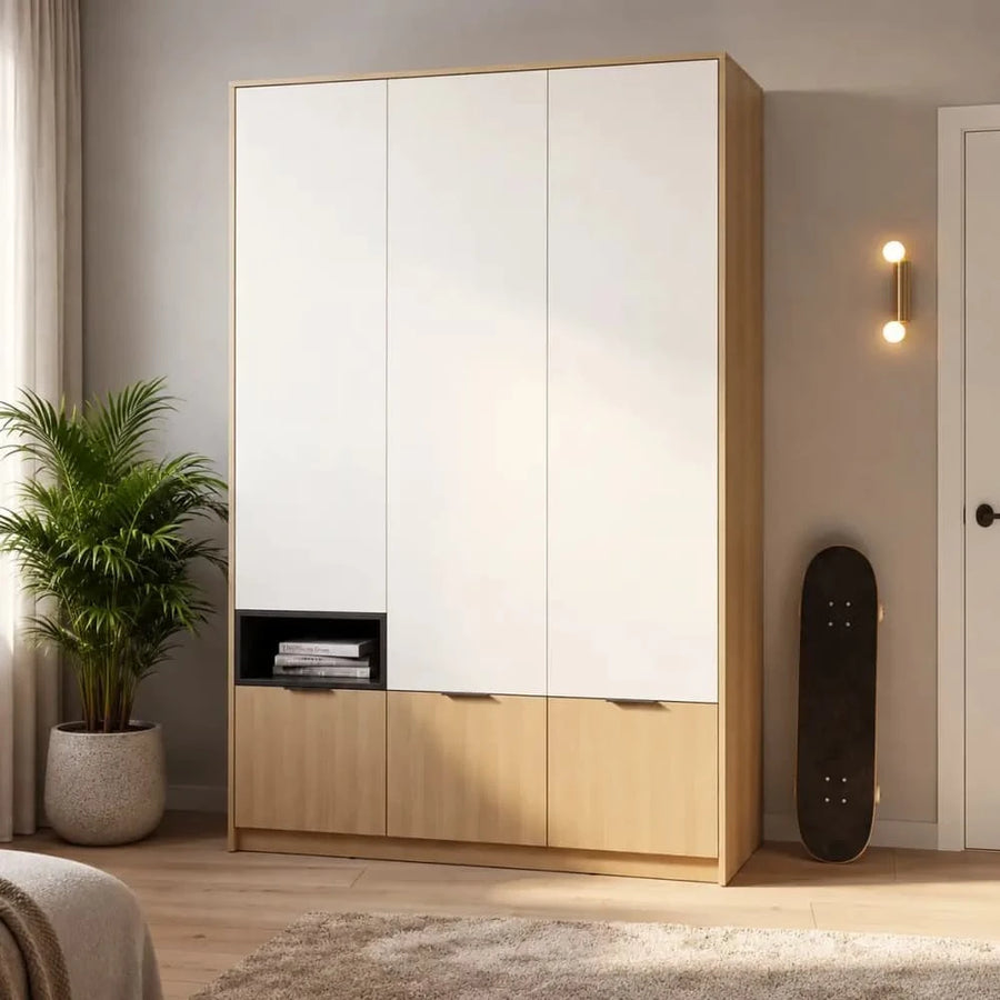 Kanu KN-03 Hinged Door Wardrobe 140cm with white and wood finish doors in a modern bedroom setting