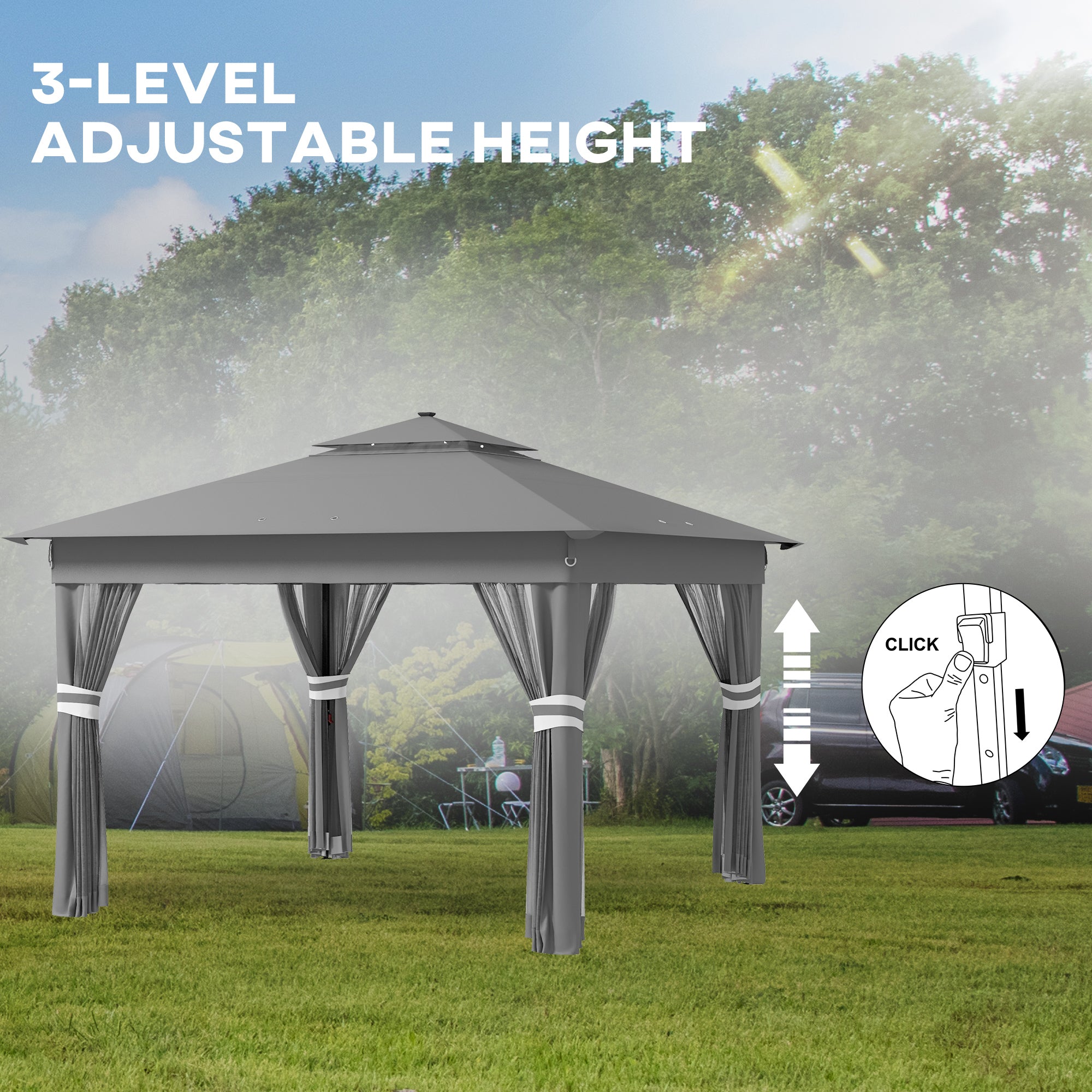 Outsunny 3 x 3(m) Pop Up Gazebo Party Tent with Solar-Powered LED Lights, Adjustable Event Shelter with Netting, Grey