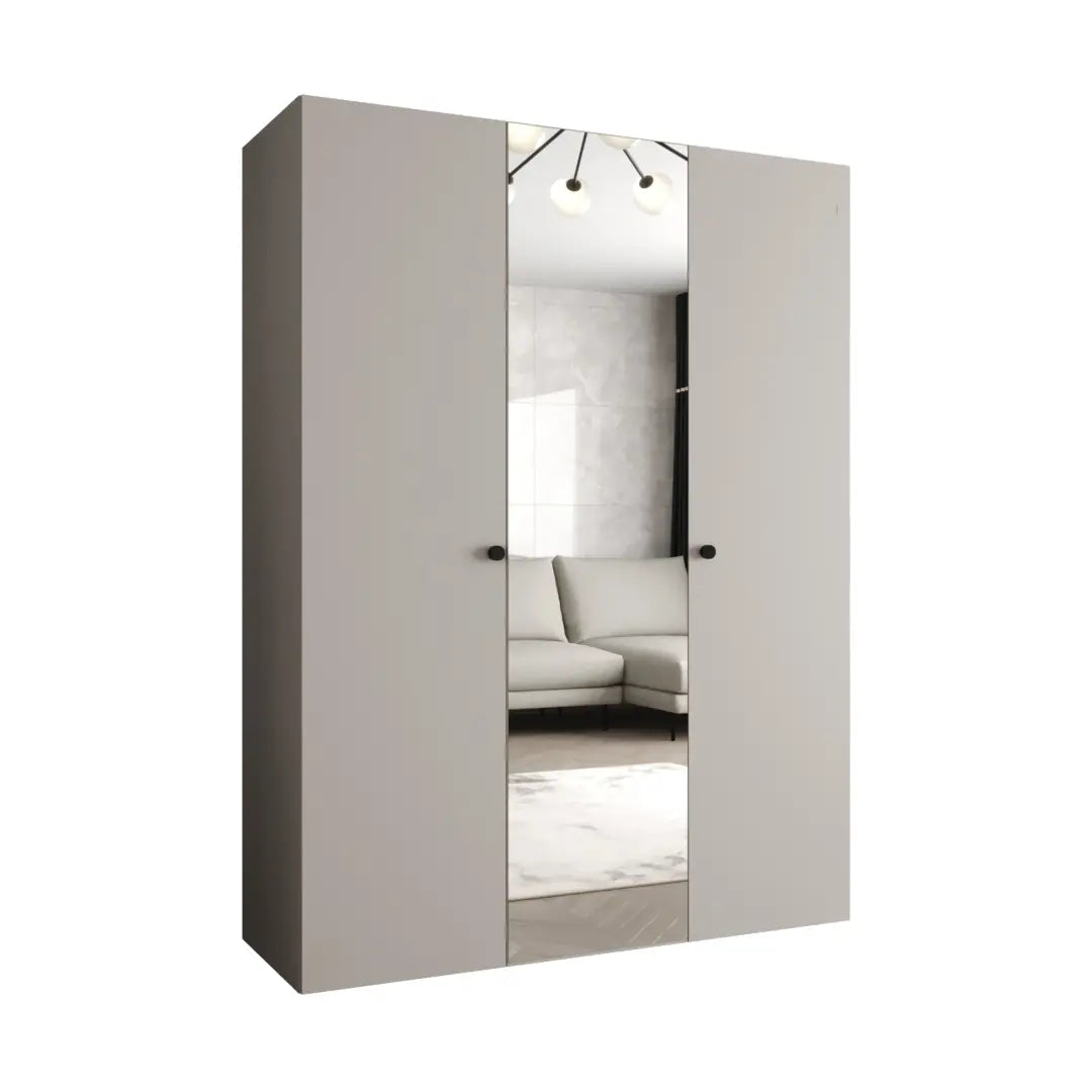 Light grey hinged wardrobe with a central mirrored door