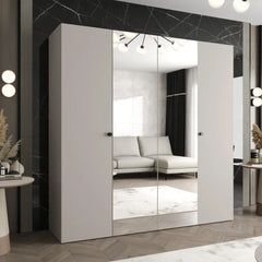 The light grey hinged wardrobe featuring two central mirrors in a stylish interior space