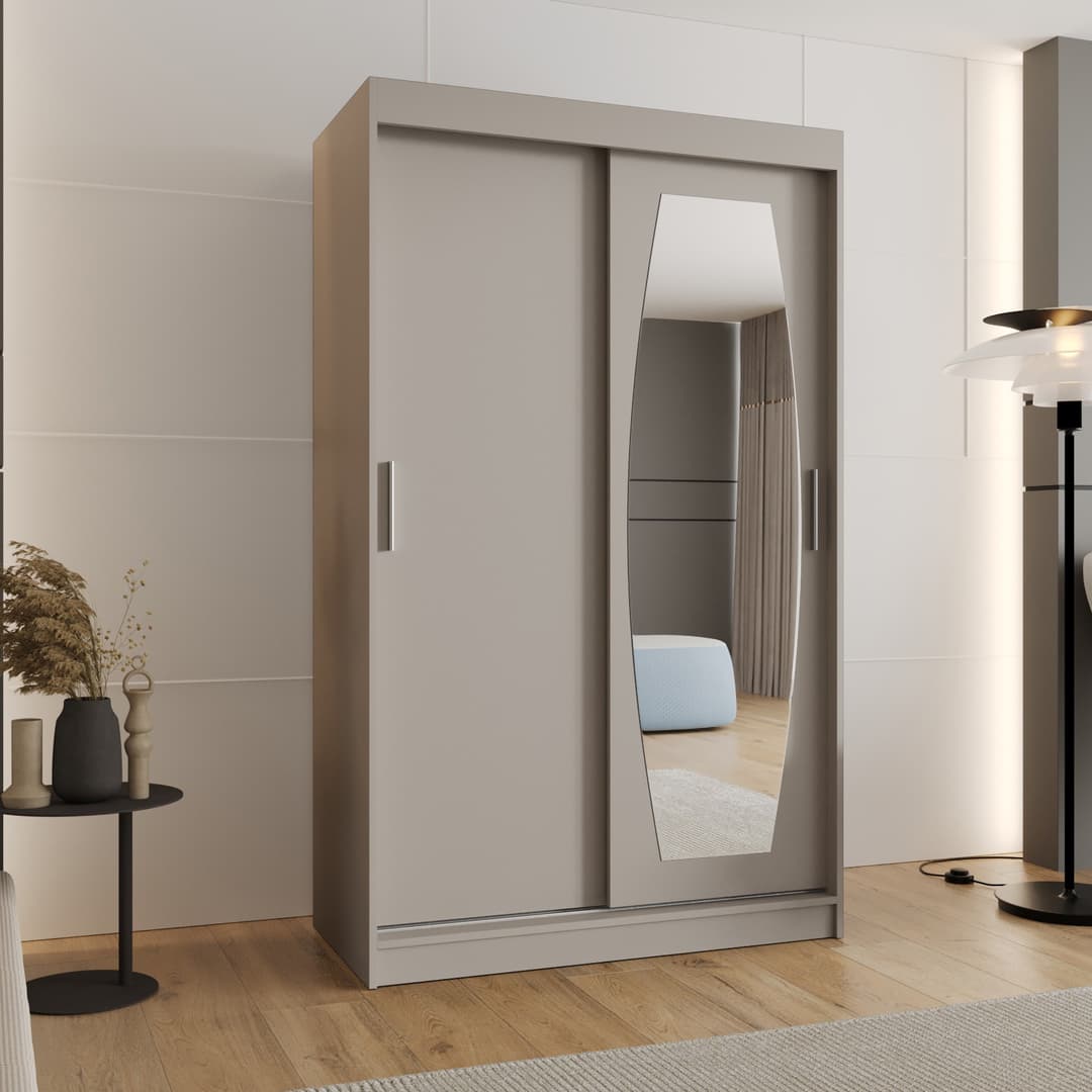 The sliding door wardrobe in a grey finish with a mirrored door