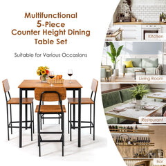 5 Pieces Industrial Dining Set Bar Counter Height Table and 4 Stools-Walnut