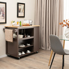 Mobile Serving Trolley Cart with Rubber Wood Top and Drawer-Brown