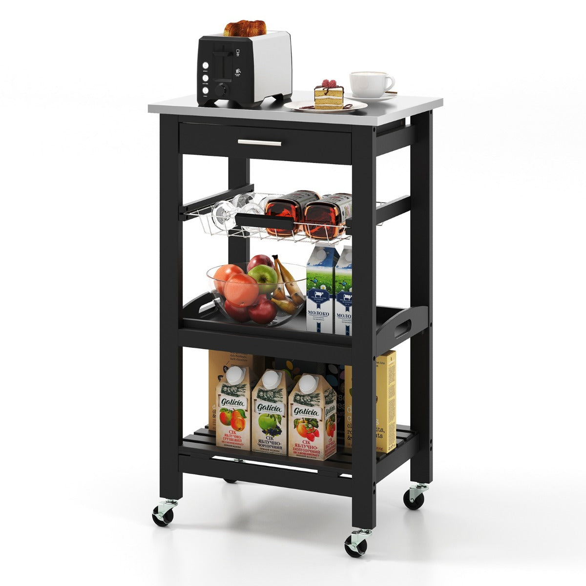 4-Tier Rolling Trolley Cart with Lock Wheels Basket and Drawer-Black