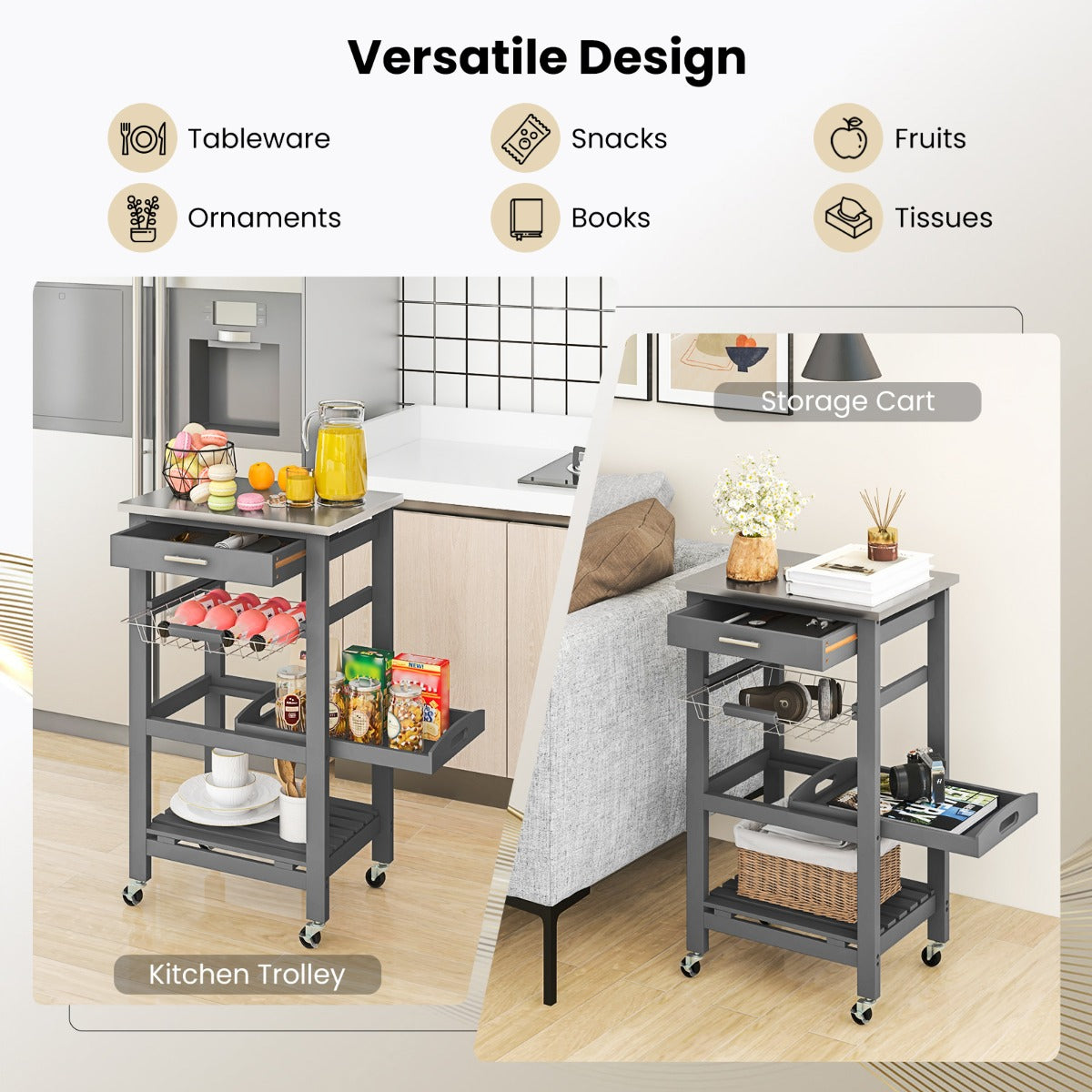 4-Tier Rolling Trolley Cart with Lock Wheels Basket and Drawer-Grey