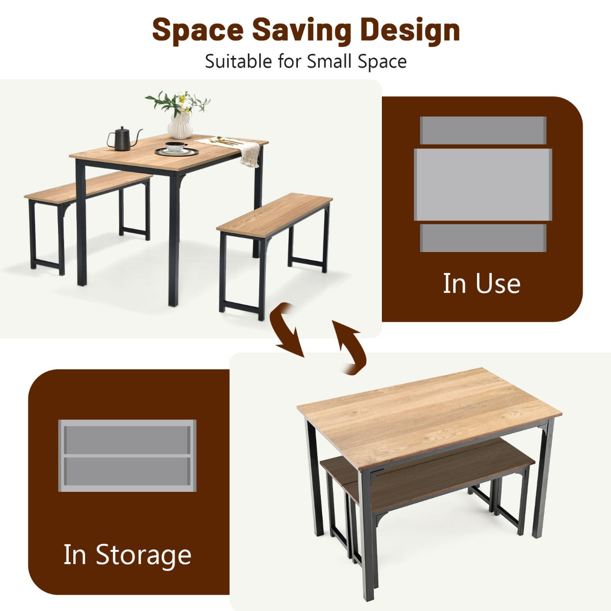 3 Pieces Space-Saving Dining Breakfast Table Set with 2 Benches-Natural