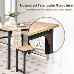 3 Pieces Space-Saving Dining Breakfast Table Set with 2 Benches-Natural