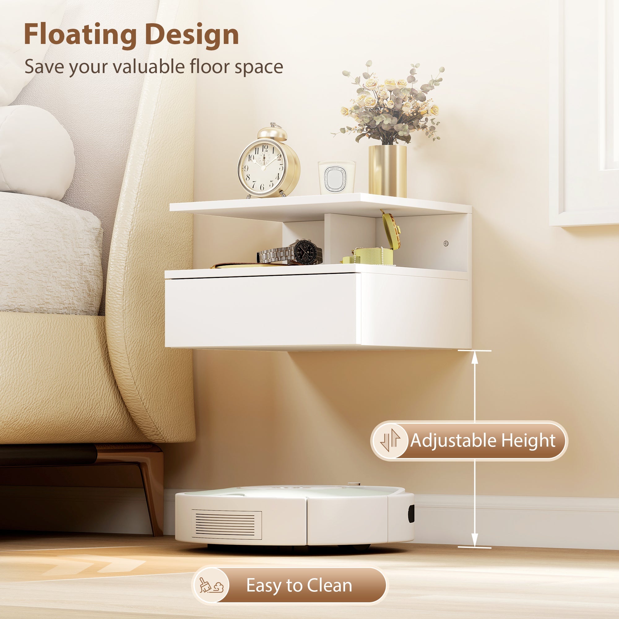 HOMCOM Set of Two Floating Bedside Tables - White