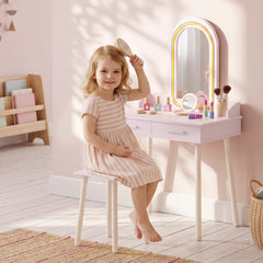 AIYAPLAY Kids Dressing Table, Girls Vanity Set with Stool, 3-Colour LED Lights Mirror, Large Drawer for Ages 3-8, Pink