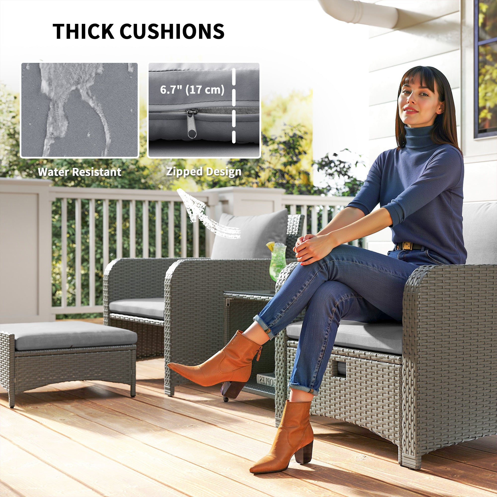 Outsunny Five Piece Rattan Garden Furniture Set with 2-Tier Coffee Table and Ottomans - Grey