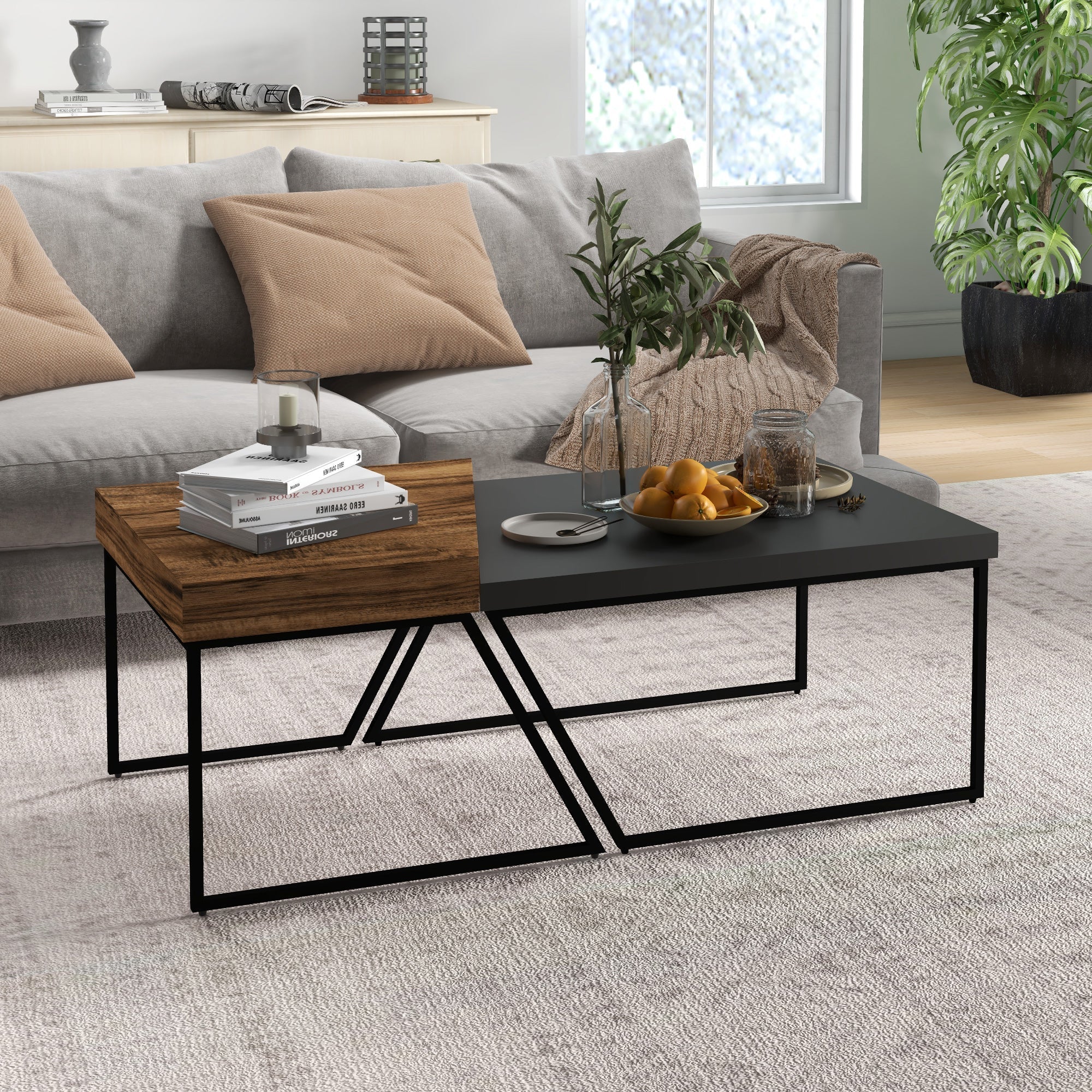 HOMCOM Coffee Table Set of 2, Industrial Nesting Table with Steel Frame and 8cm Thick Tabletop, Sofa Side End Table for Living Room, Rustic Brown