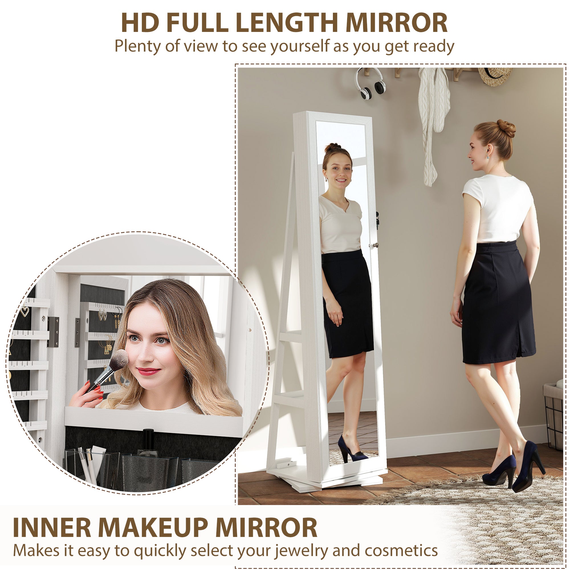 HOMCOM 360√Ç¬∞ Swivel Jewellery Cabinet, Free Standing Full Length Mirror with Storage, Lockable Jewellery Organiser with Built-in Makeup Mirror and Storage Shelves for Bedroom, White