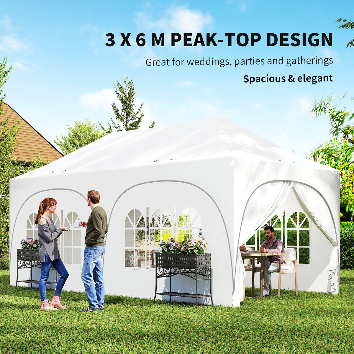 Outsunny 3 x 6m Pop Up Gazebo Shelter with Sides, 6 Sandbags, Peak Top Garden Party Tent Marquee with Carry Bag, Light Grey/White