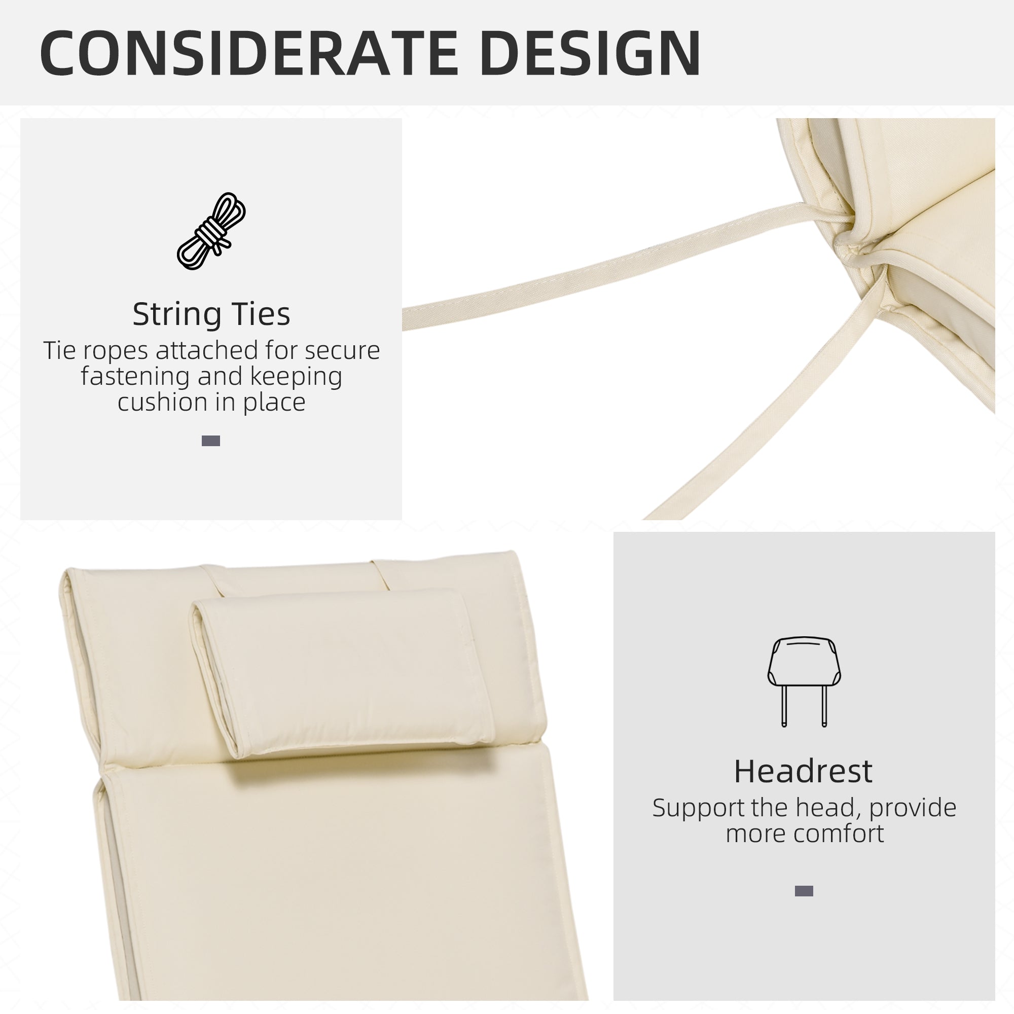 Outsunny Garden Sun Lounger Cushion Replacement Soft Sunbed Reclining Chair Relaxer Pad with Pillow, Cushion ONLY - Cream White