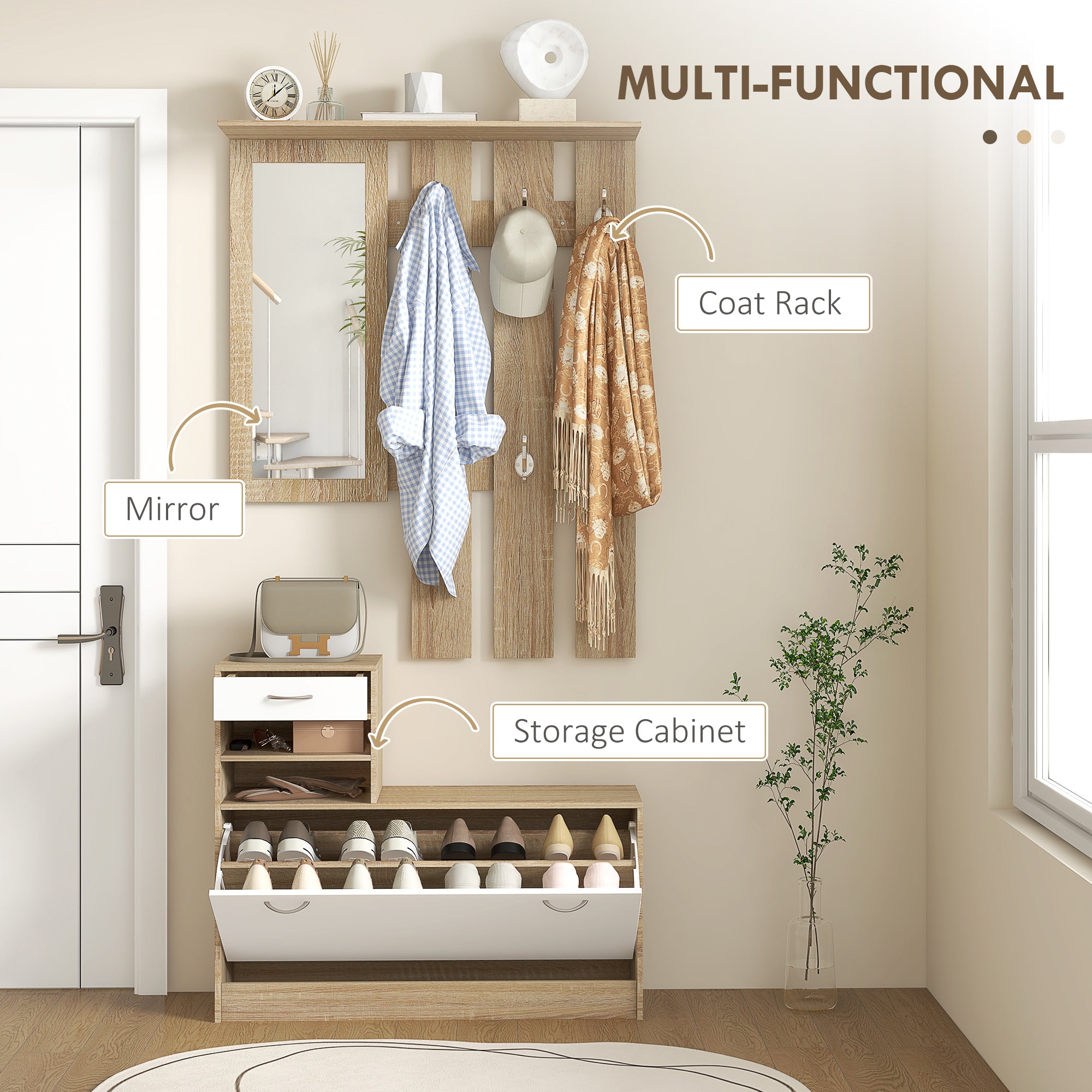 HOMCOM Three-in-One Hallway Storage Set - Natural Wood Finish/White