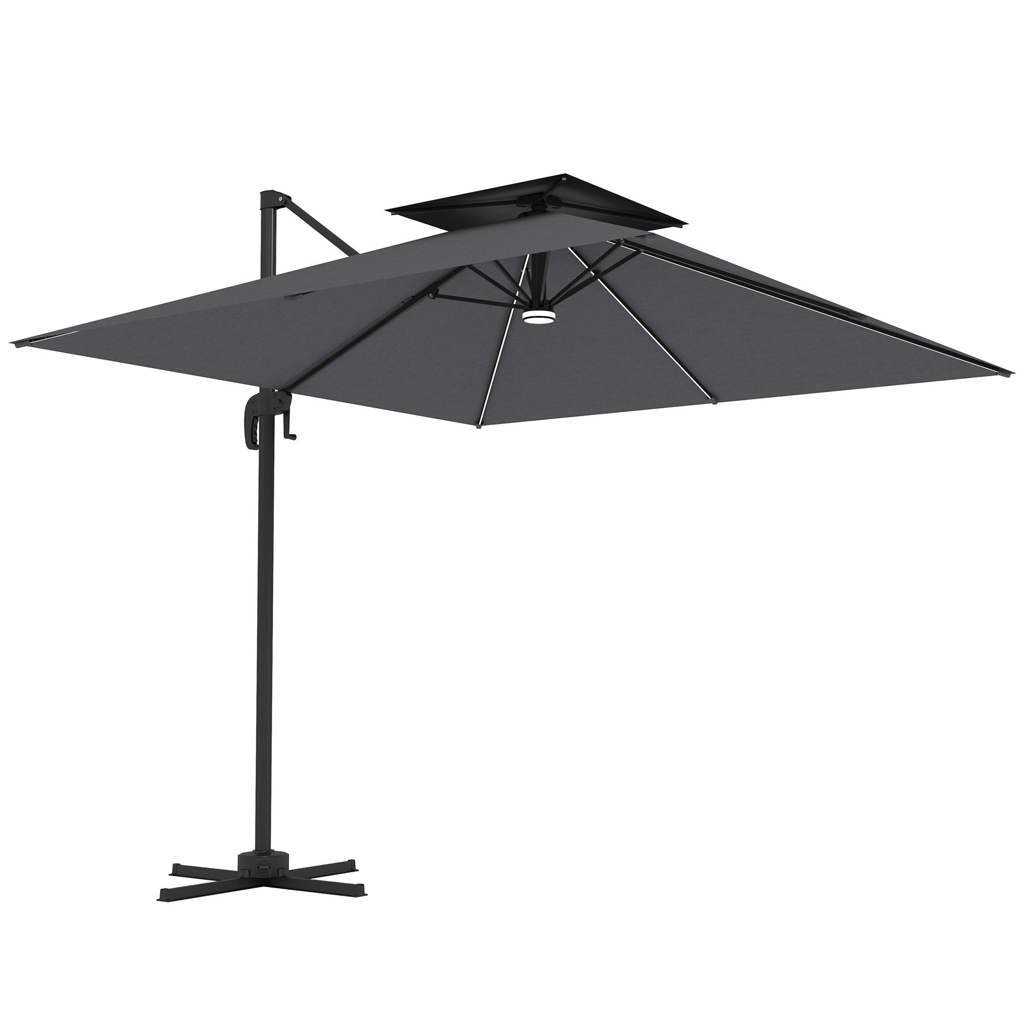 Outsunny 2.5m Cantilever Parasol with Solar Powered LED Lights, 360√Ç¬∞ Rotation, Tilt Adjustment, Crank Handle, Dark Grey