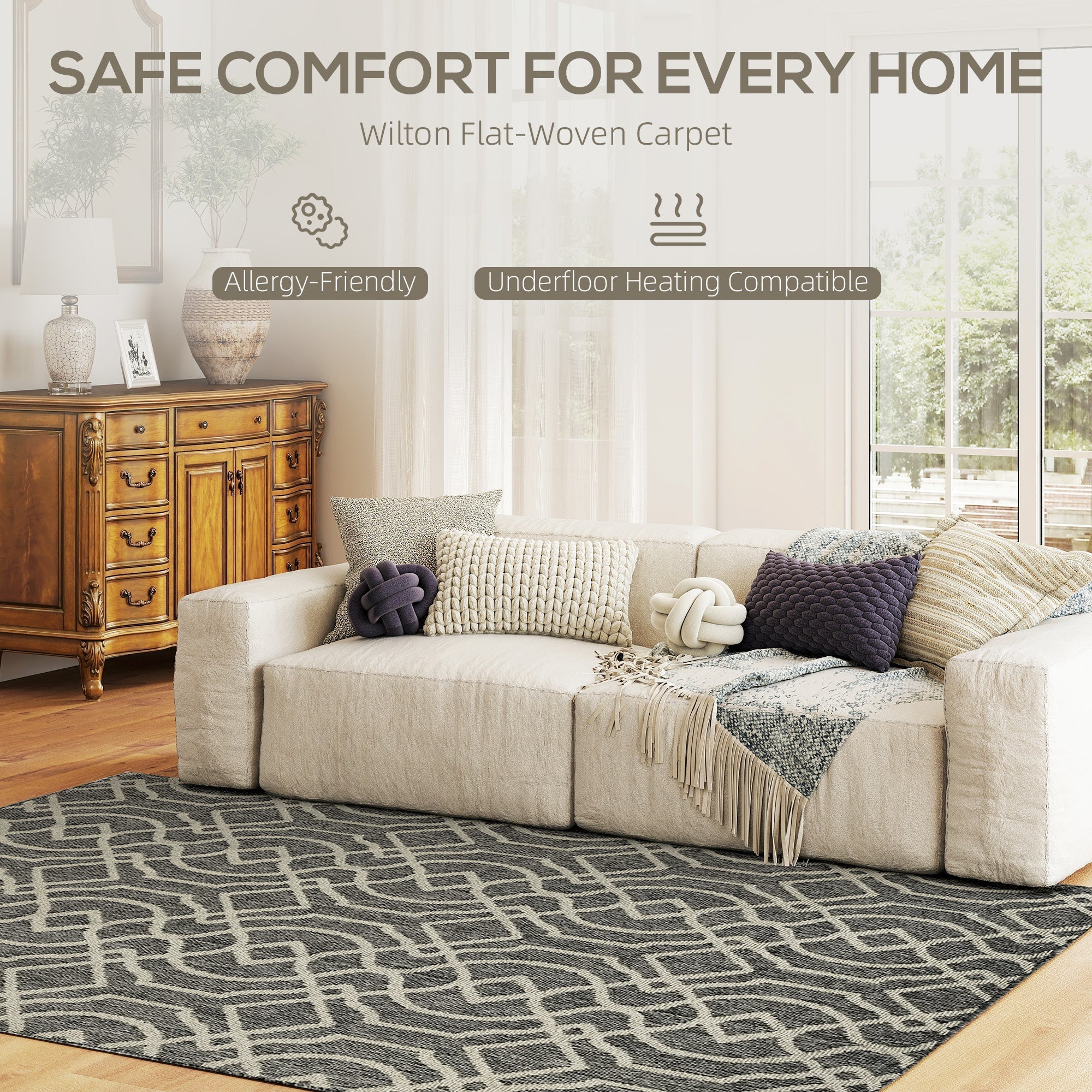 HOMCOM UV Resistant Indoor & Outdoor Area Rug, Easy-Cleaning Machine Washable Rug with Geometric Pattern for Patio, Garden, Kitchen, Bathroom or Living Room, 230 x 160 cm, Grey