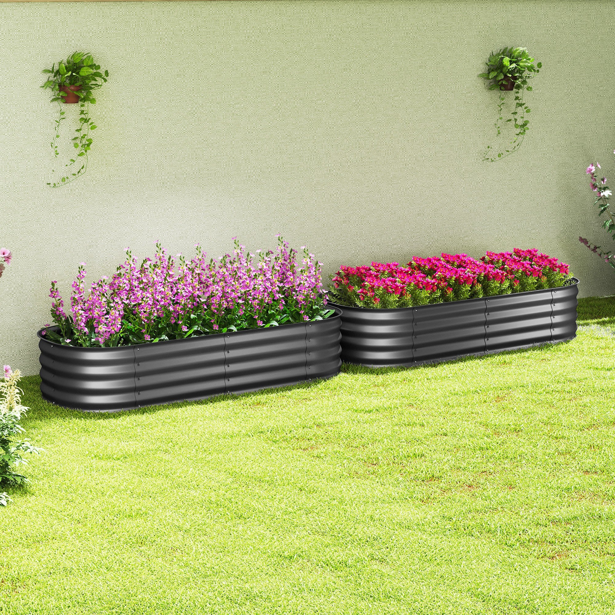 Outsunny Galvanised Raised Garden Bed, Metal Planter Box with Safety Edging, for Flowers, Herbs, Succulents, Pack of 2, Dark Grey