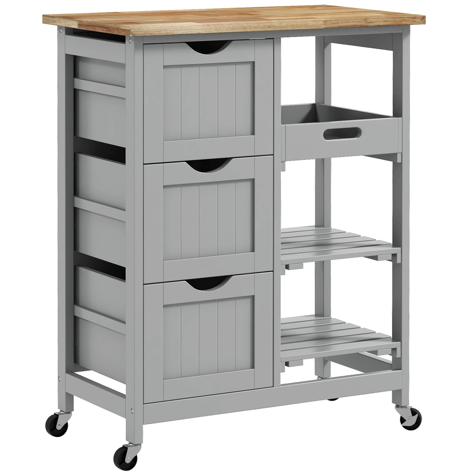 HOMCOM Rolling Kitchen Island Cart, Bar Serving Cart, Compact Trolley on Wheels with Wood Top, Shelves & Drawers, Grey