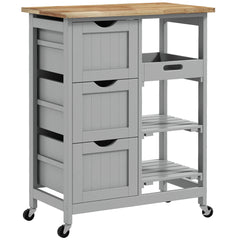 HOMCOM Rolling Kitchen Island Cart, Bar Serving Cart, Compact Trolley on Wheels with Wood Top, Shelves & Drawers, Grey