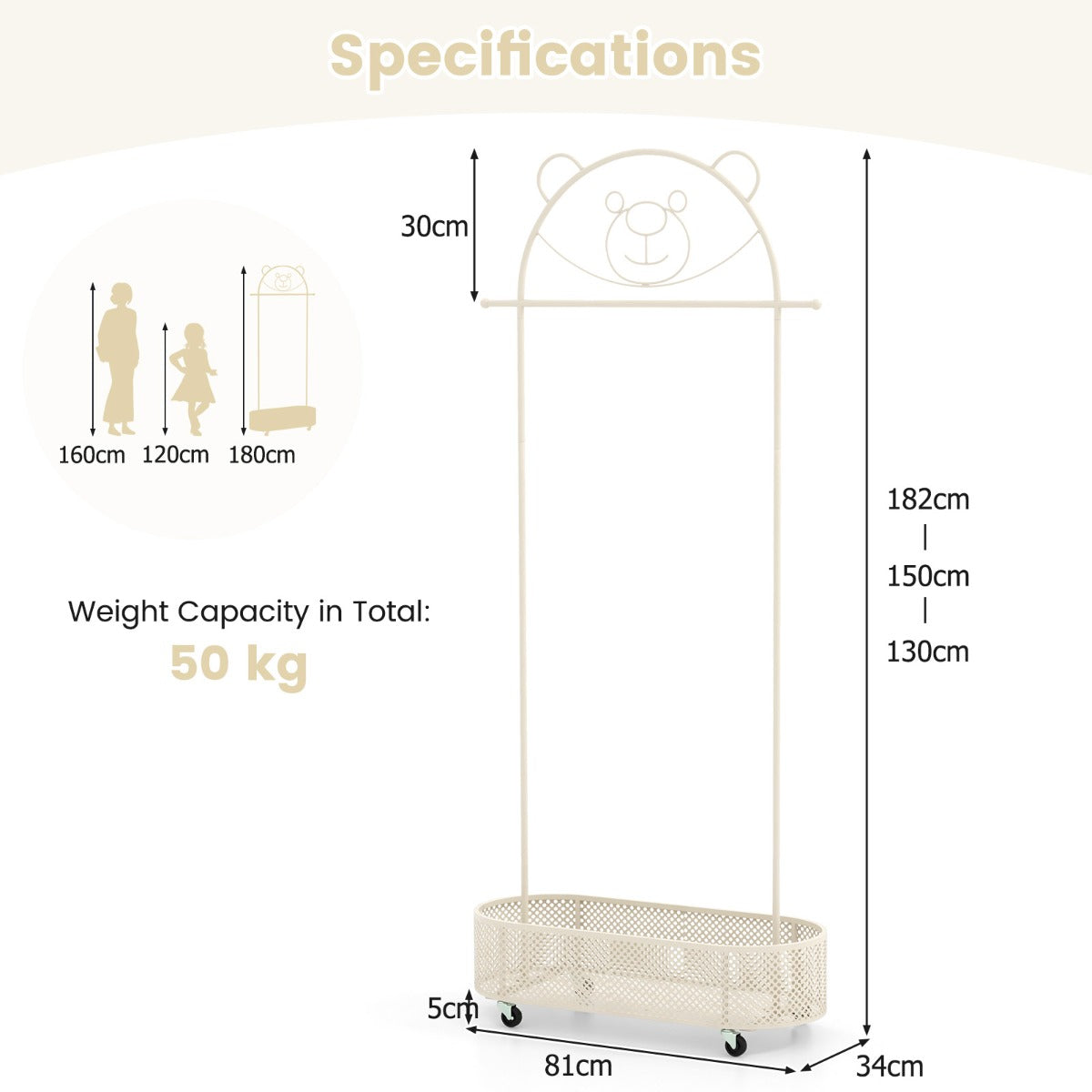 Kid Clothes Rack with 3 Adjustable Heights for Children Adults-White