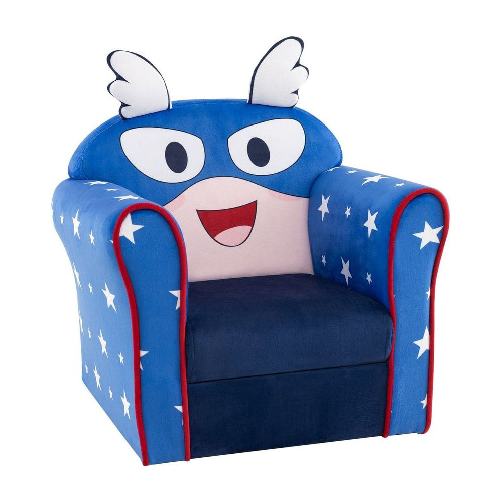 Kids armchair with soft cushion and cute pattern in blue with white stars and a superhero face