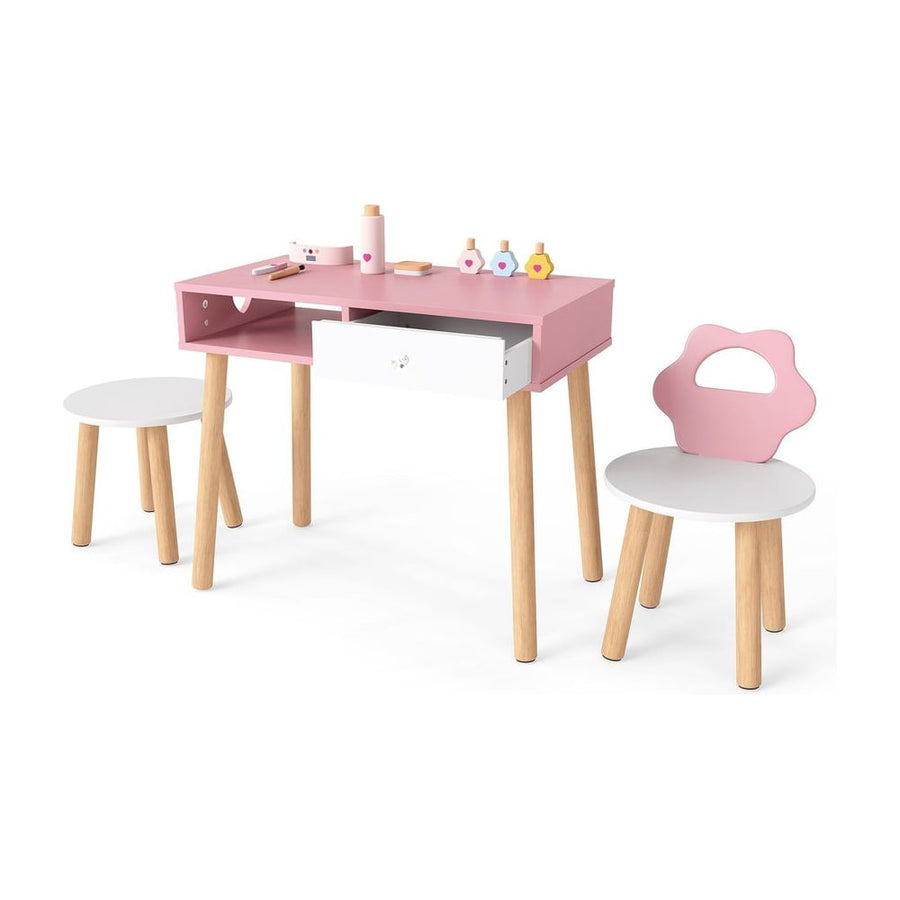 Kids Pretend Nail Salon Playset with Chair and Stool Wooden Toddlers Makeup and Manicure Kit-Pink