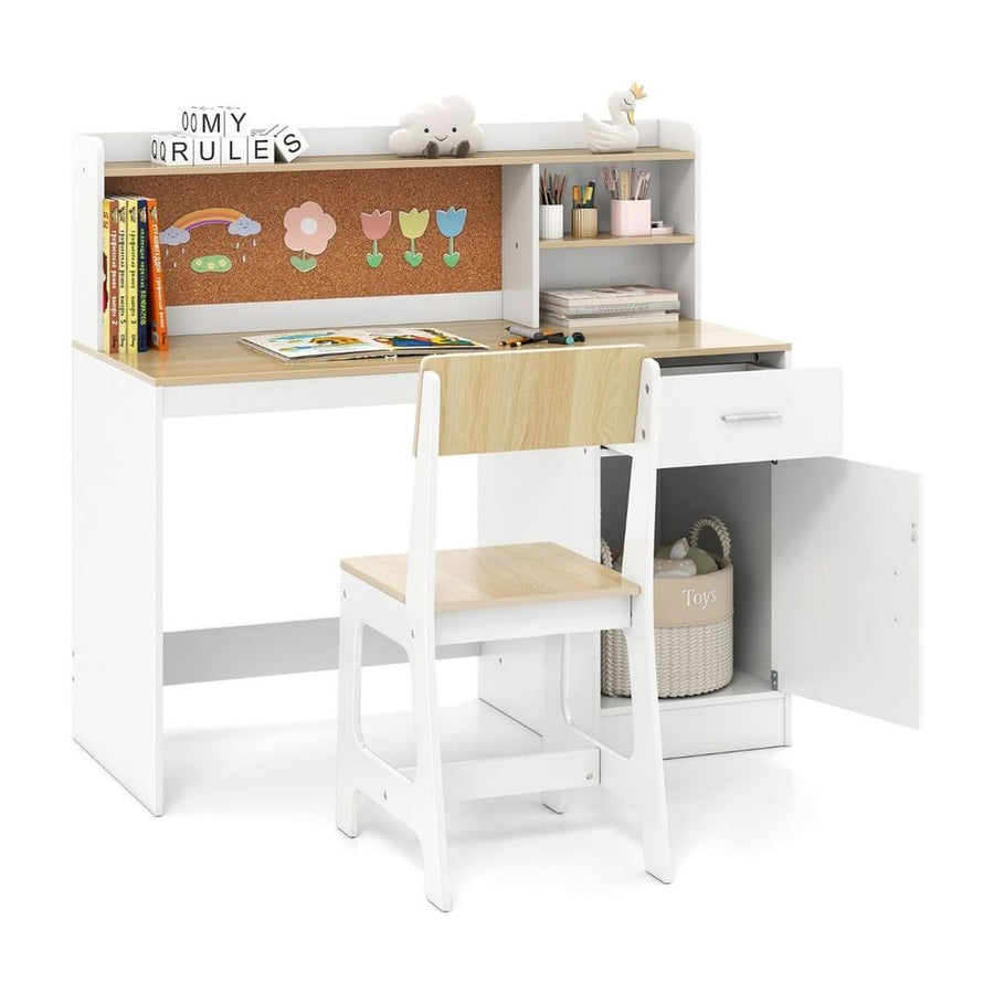 Kids Study Desk and Chair Set with Shelves and Storage Cabinet-Natural