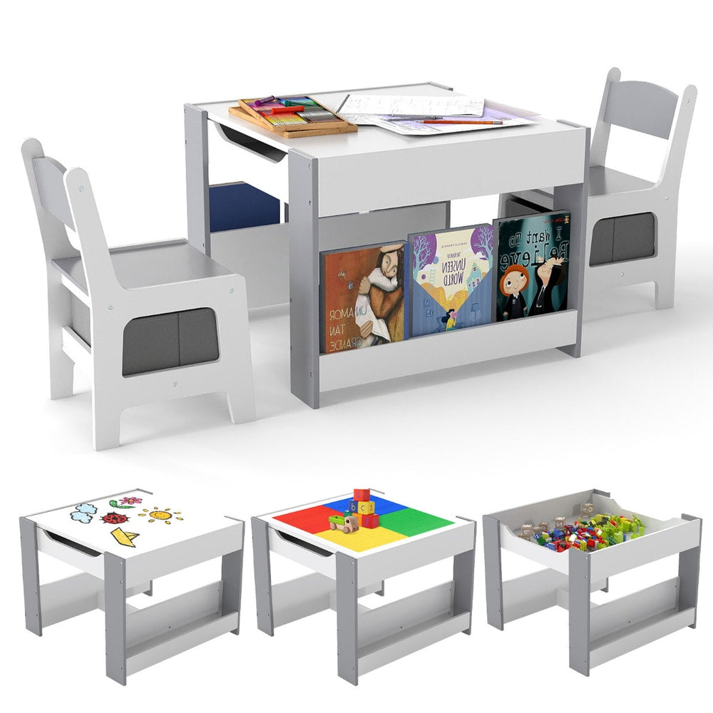 Kids Table and 2 Chairs Set with reversible tabletop in grey and white