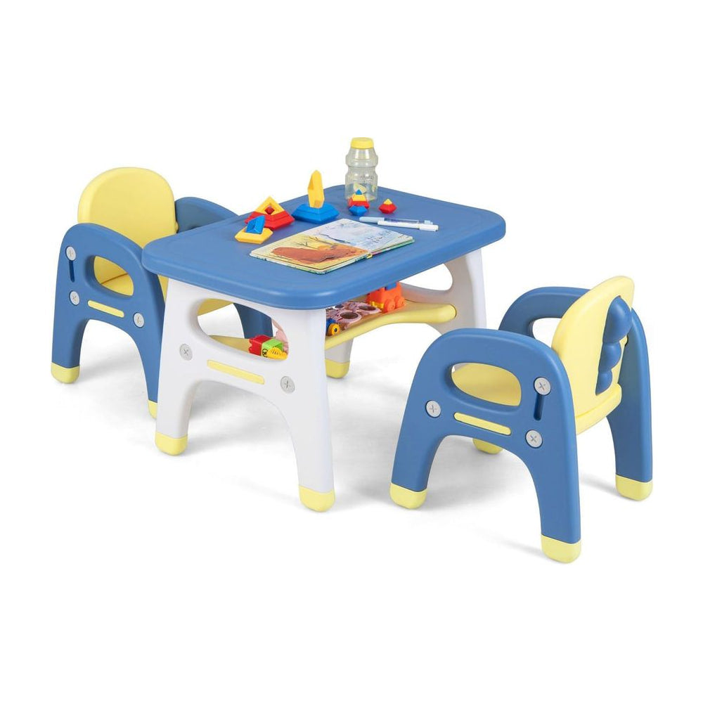 Kids Table and 2 Chairs Set in blue and yellow with a storage shelf and building blocks on top