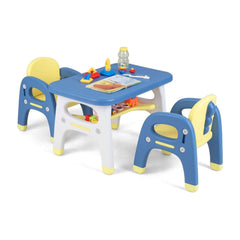 Kids Table and 2 Chairs Set in blue and yellow with a storage shelf and building blocks on top