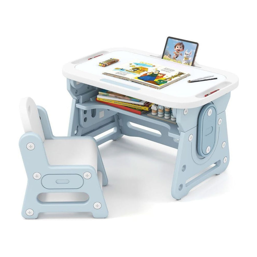 Kids Table and Chair Set with Tiltable Whiteboard and Book Stand-Blue