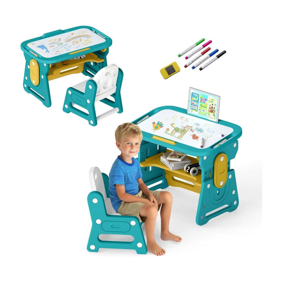 Kids Table and Chair Set with Tiltable Whiteboard and Book Stand-Yellow