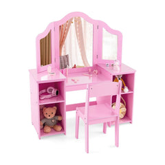 Kids Vanity Set with Tri-Folding Detachable Mirror in pink with a matching chair and shelves