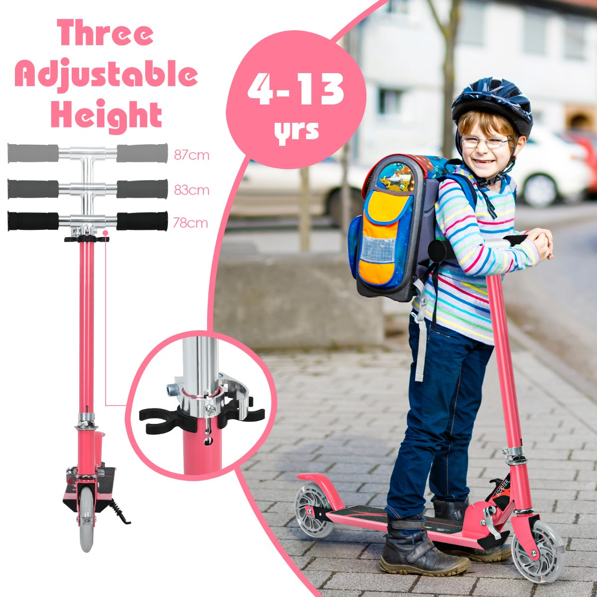 Kids Aluminum Folding Stunt Scooter with LED Wheels-Pink