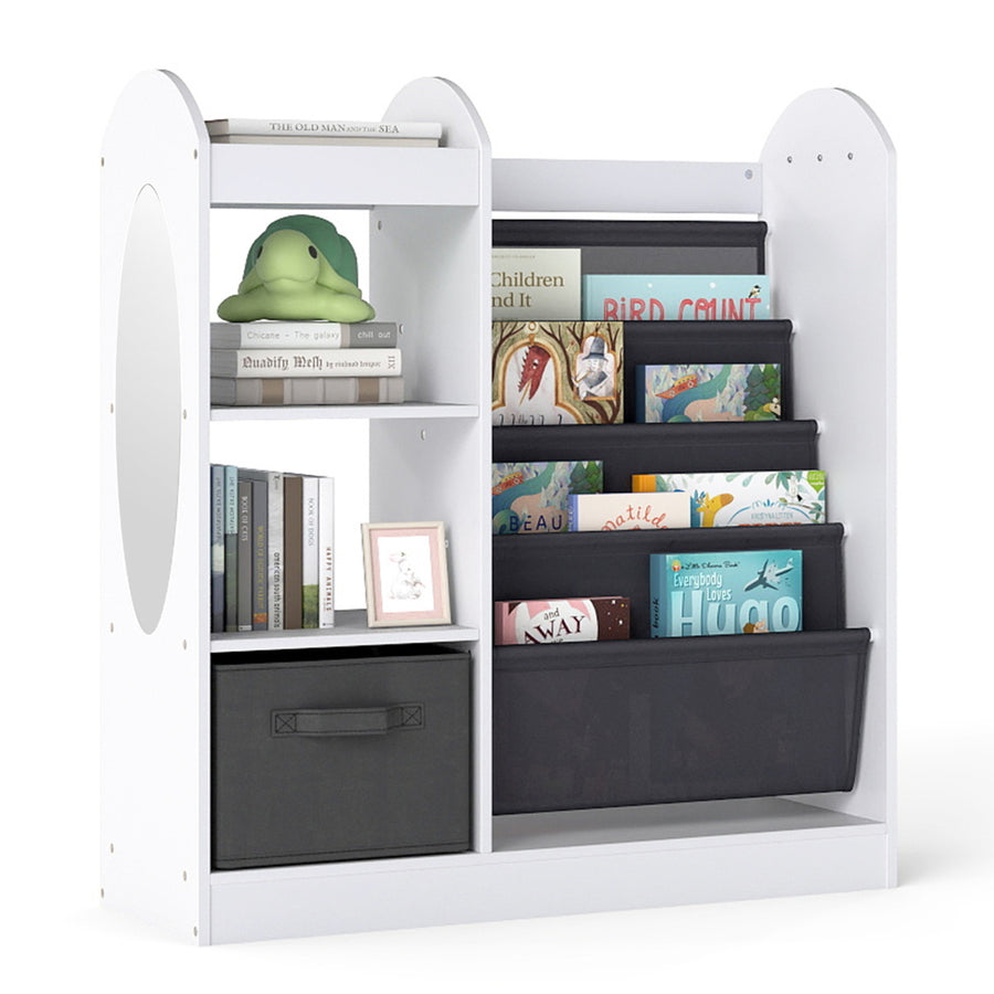 Kids Bookshelf with Full-Length Mirror and 4-Tier Sling Shelves-White