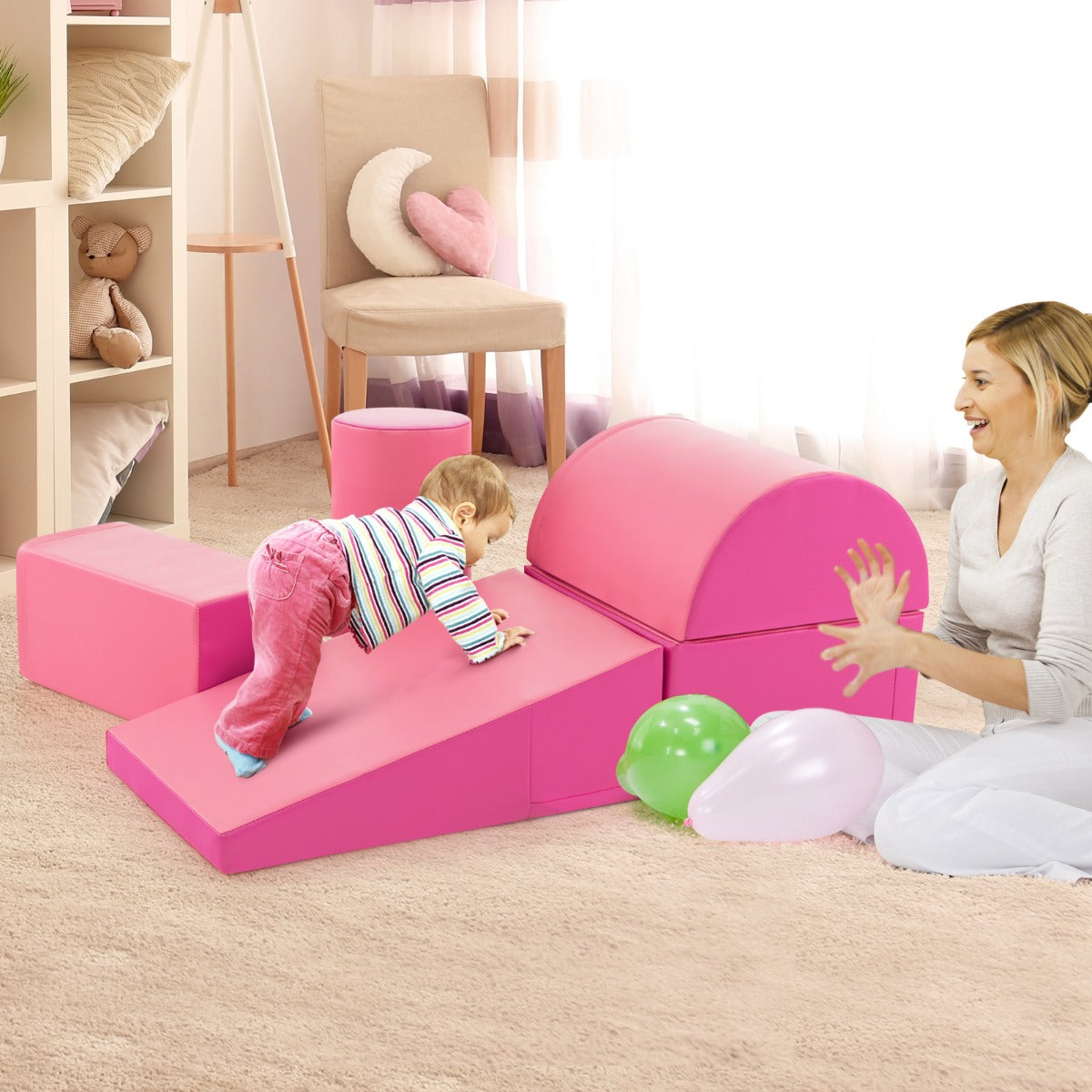 5-Piece Soft Waterproof Kids Climb and Crawl Activity Playset-Pink