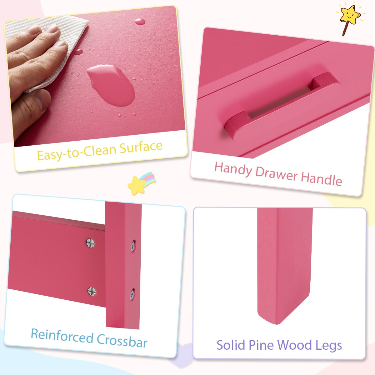 Kids Desk and Chair Set with Drawer and Pine Wood Legs-Pink