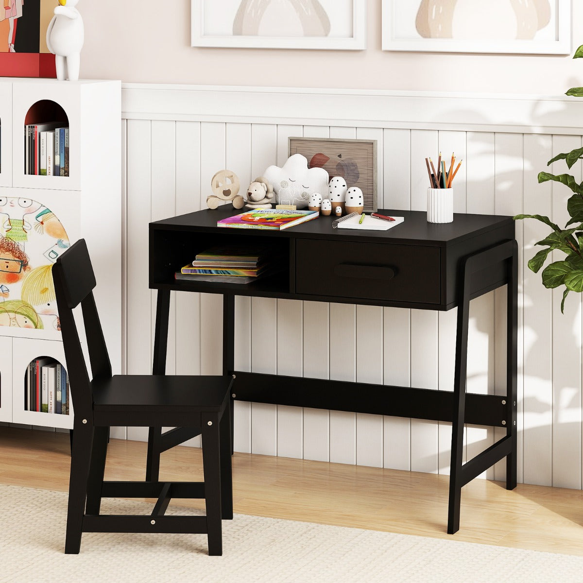Kids Desk and Chair Set with Drawer and Pine Wood Legs-Black